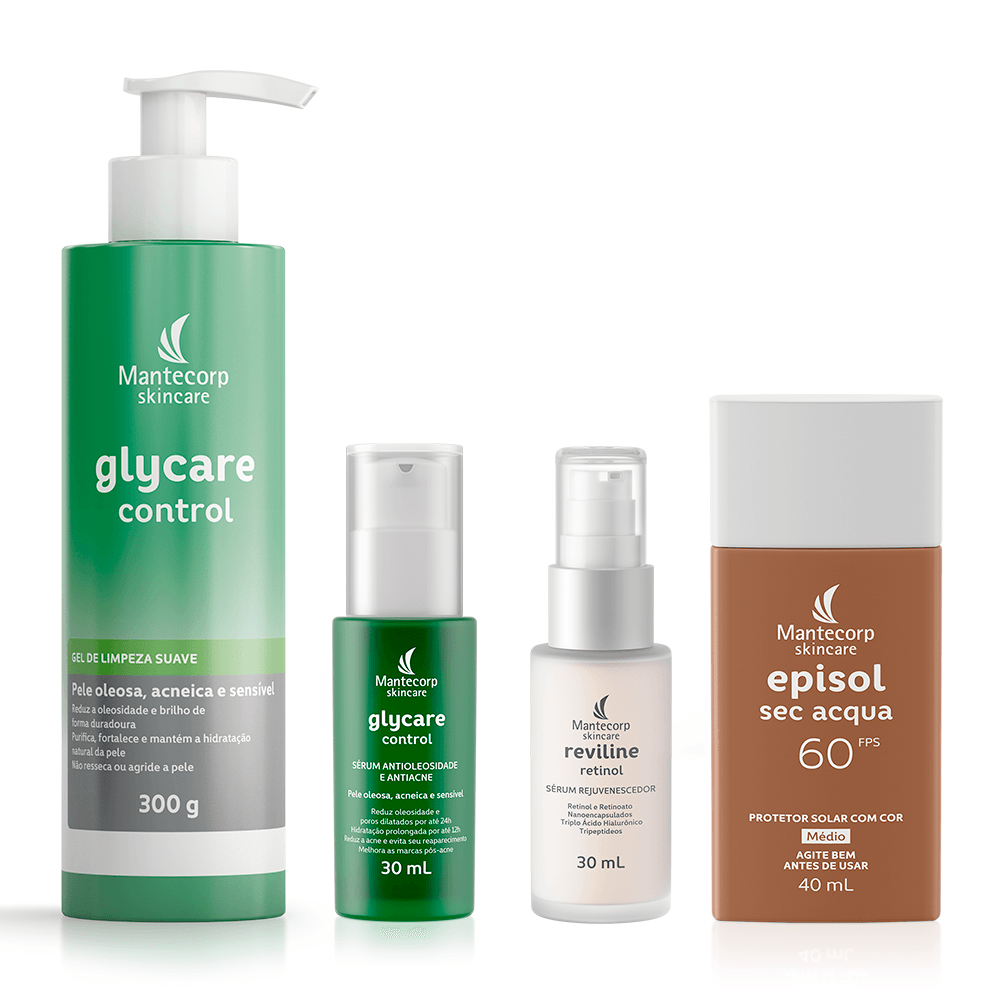 Kit Rotina para Acne Glycare Control Gel 300g + Sérum 30ml + Reviline Retinol 30ml + Episol Sec Acqua FPS 60 Tom Médio
