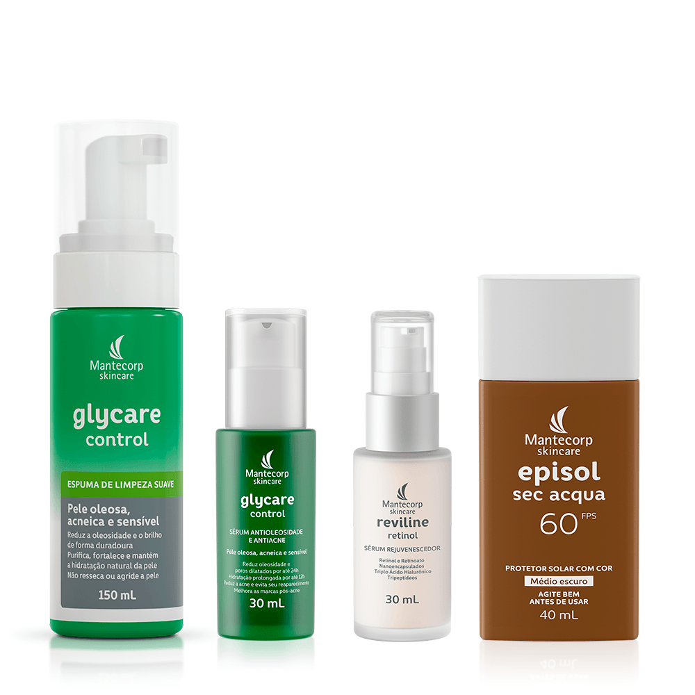 Kit Rotina para Acne Glycare Control Espuma 150ml + Sérum 30ml + Reviline Retinol 30ml + Episol Sec Acqua FPS 60 Médio Escuro