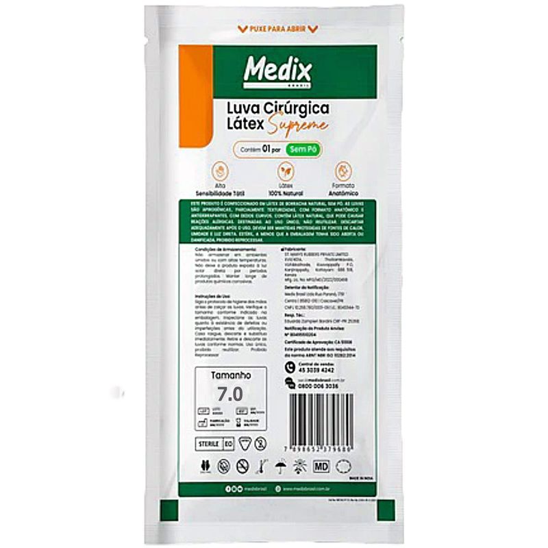 Luva Cirúrgica de Látex Supreme Medix - Sem Pó - 70 - Par