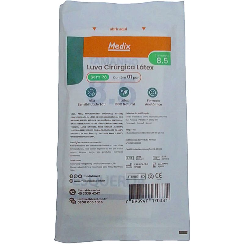 Luva Cirúrgica de Látex Medix - Sem Pó - 85 - Par