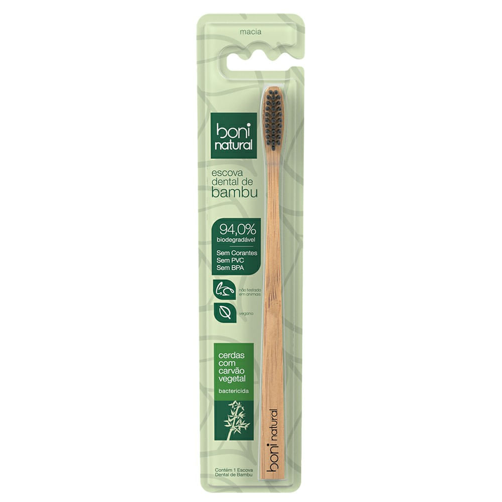 Escova Dental De Bambu Boni Natural Cerdas Com Carvão Vegetal Macia 1 Unidade