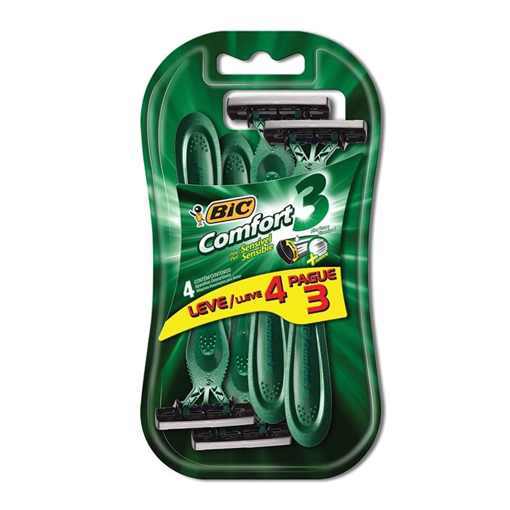 Aparelho de Barbear Bic Confort 3 Pele sensível Leve 4 Pague 3