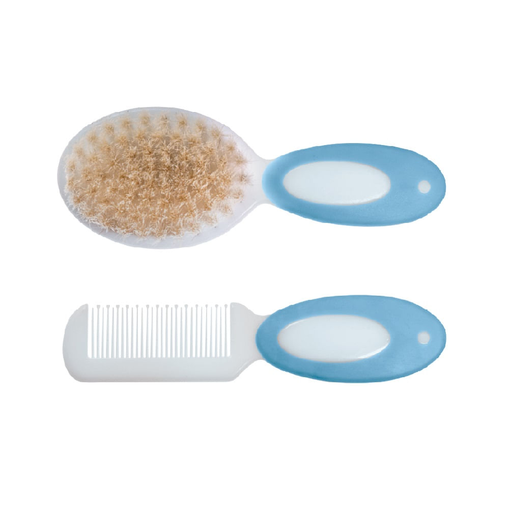 Kit Pente e Escova Girotondo Baby Cerdas Naturais Azul