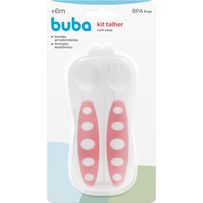 Colher Infantil Buba Rosa 1 Unidade + Garfo Infantil Buba Rosa 1 Unidade + Case