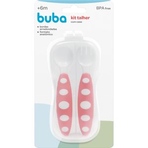Colher Infantil Buba Rosa 1 Unidade + Garfo Infantil Buba Rosa 1 Unidade + Case