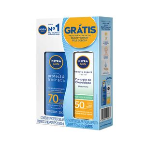 Kit Nivea Protetor Solar Sun Fps 70 Protect & Hidrata 200ml + Protetor Solar Facial Beauty Expert Pele Oleosa 50ml