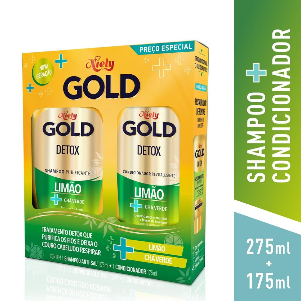 Kit Niely Gold Shampoo 275ml + Condicionador 175ml Detox Limão + Chá verde