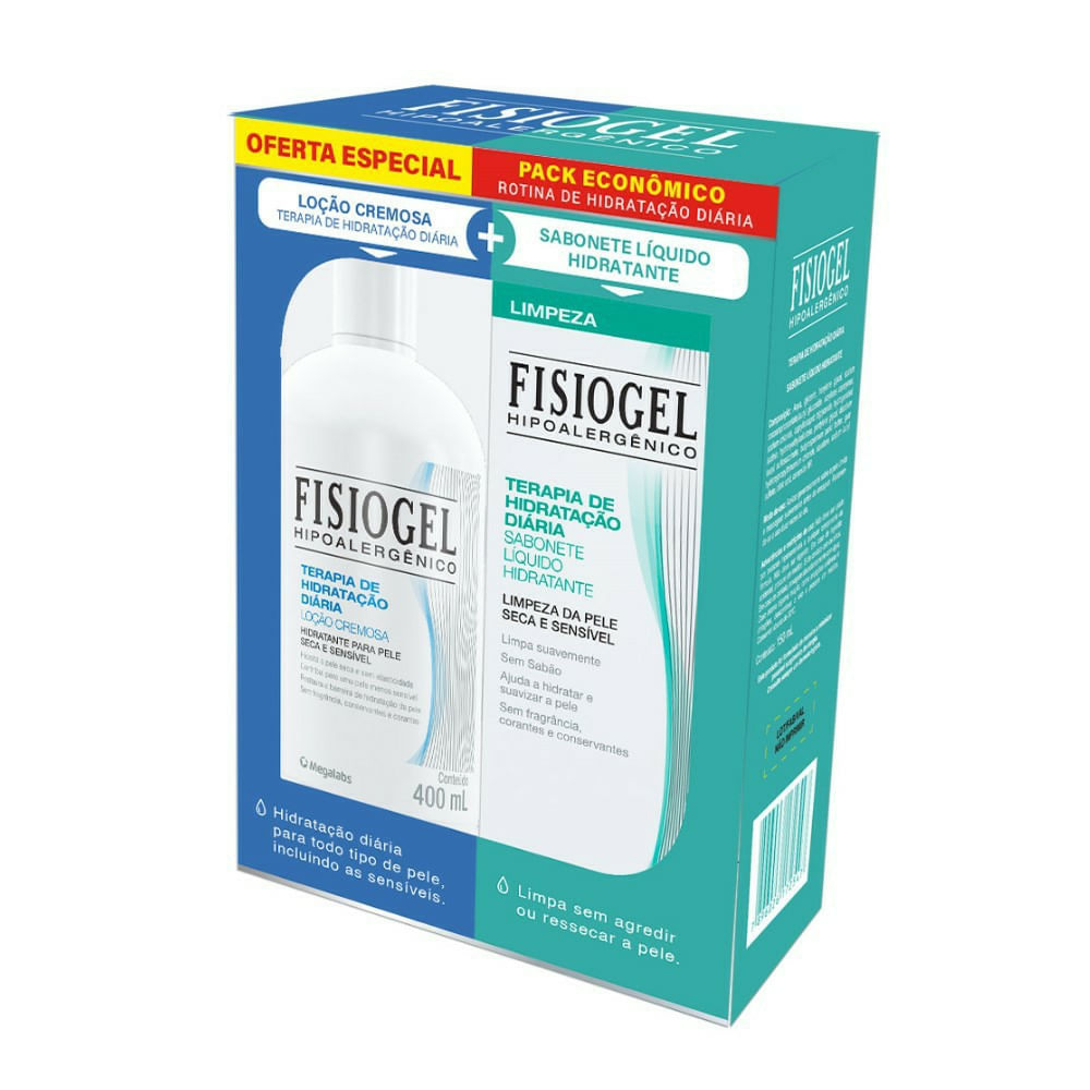 Kit Hidratante Corporal Diário Fisiogel Loção Cremosa 400ml + Sabonete Líquido Hidratante Fisiogel Limpeza de Pele 150ml
