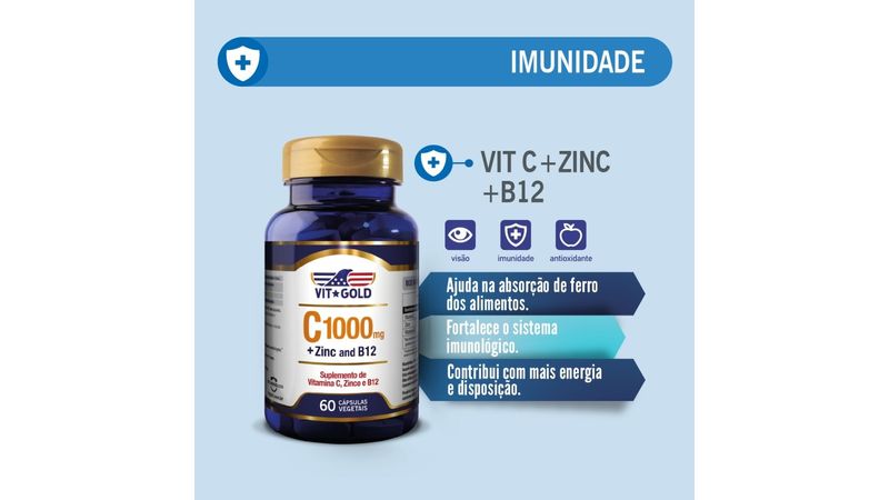 Vitamina C Vitamin Vitgold 1.000mg + Zinco + B12 60 Cápsulas - Drogaria  Venancio