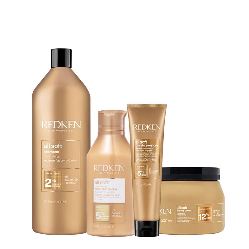Kit Redken All Soft Shampoo Litro Condicionador Máscara G e Leave-in (4 produtos)