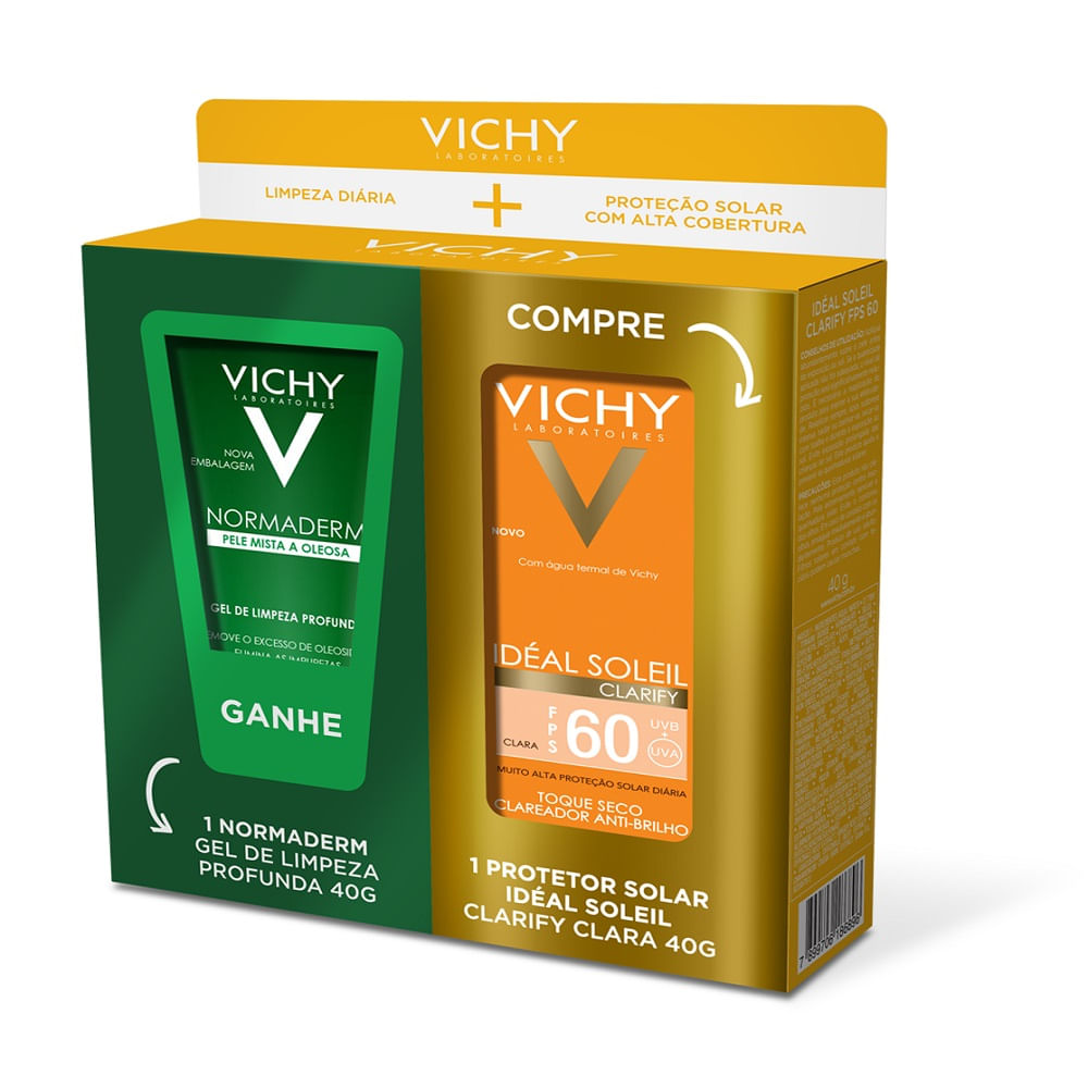 Kit Vichy Protetor Solar Idéal Soleil Clarify Cor Clara Fps60 40g + Gel De Limpeza Profunda Normaderm 40g