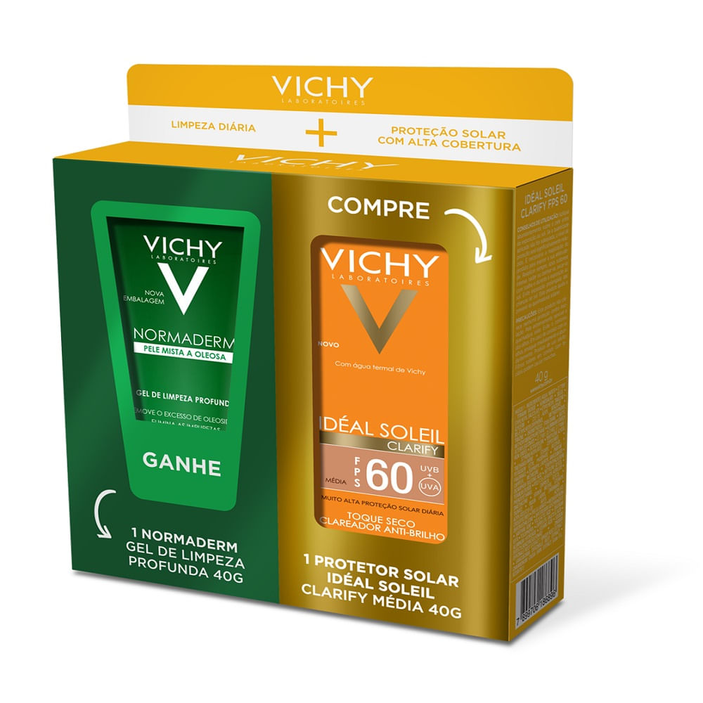 Kit Vichy Protetor Solar Idéal Soleil Clarify Cor Média Fps60 40g + Gel De Limpeza Profunda Normaderm 40g