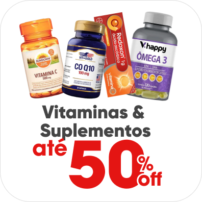 Vitaminas e Suplementos com até 50% Off.
