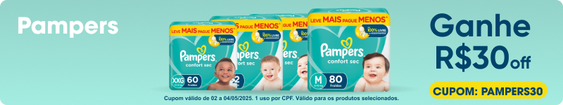 Adicione o cupom PAMPERS30 e ganhe R$30,00 off nos produtos selecionados.