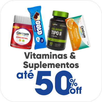 Vitaminas e Suplementos com até 50% Off.